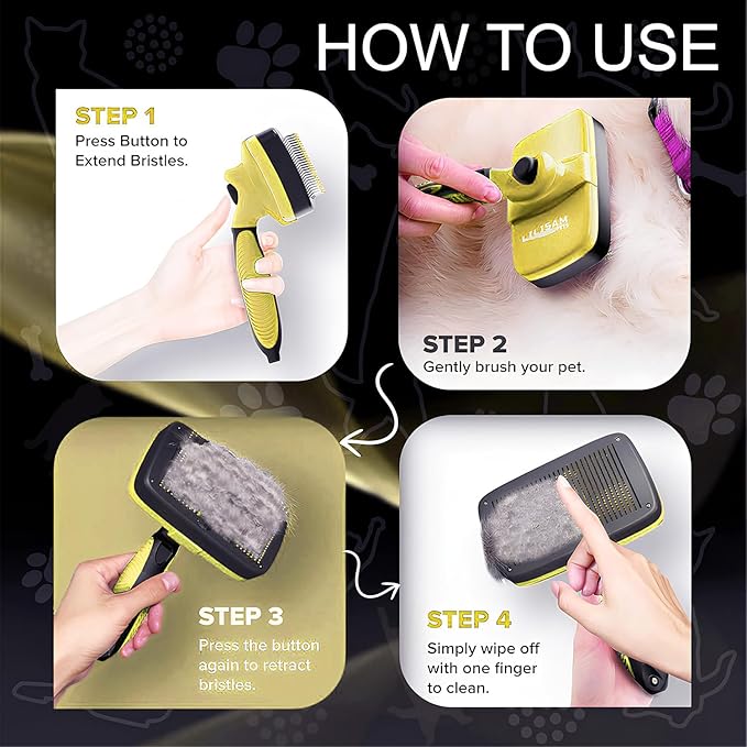 Pet Self Cleaning Slicker Brush and Grooming Comb - Gently Removes Loose Hair, Tangles, and Dirt - Skin Friendly Deshedding Grooming Tool for Hair Dogs &amp; Cats - Pet Supplies Accessories (Yellow)