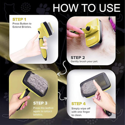 Pet Self Cleaning Slicker Brush and Grooming Comb - Gently Removes Loose Hair, Tangles, and Dirt - Skin Friendly Deshedding Grooming Tool for Hair Dogs &amp; Cats - Pet Supplies Accessories (Yellow)