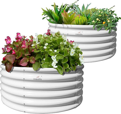 A ANLEOLIFE 2-Pack 4ft x 18” Tall Galvanized Raised Garden Beds Outdoor, Round Metal Planter Box for Planting Vegetables Flowers Herb, Anti-Rust &amp; Easy-Setup, Antique White