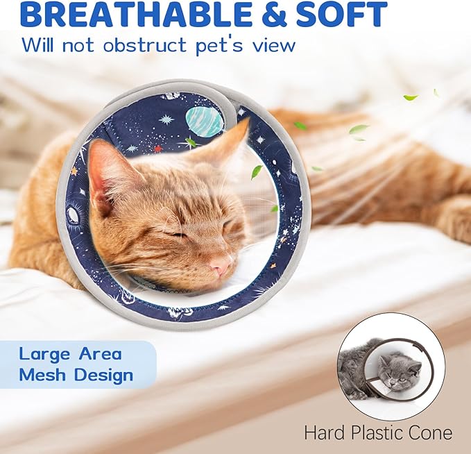 Breathable Air Mesh Cat Cone Collar Soft to Stop Licking, Adjustable, Foldable Lightweight Kitten Cones After Surgery Recovery for Cats &amp; Kittens (Star Blue, M)
