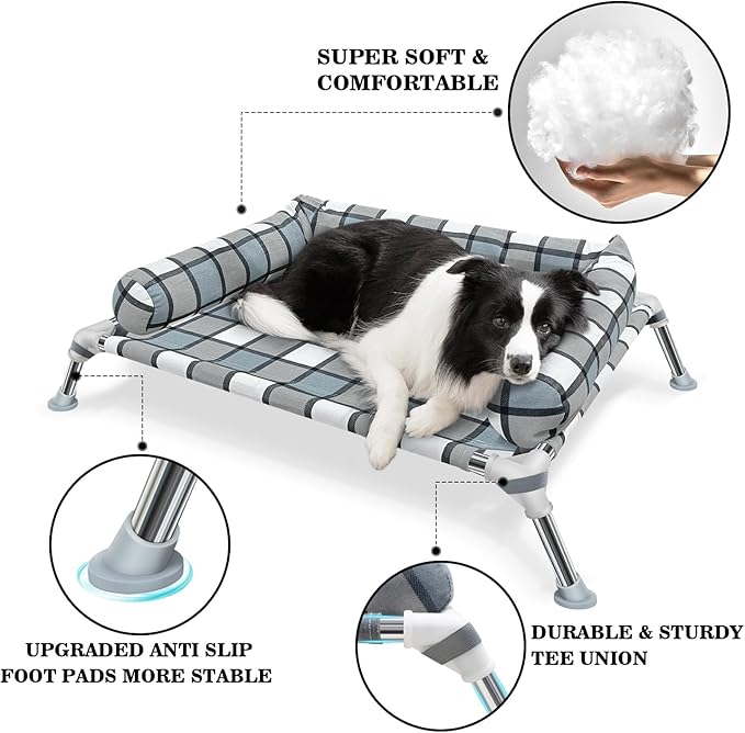 Elevated Raised Dog Bed Cot - Cooling Dog Bed with Pillows, Portable Washable Pet Cot with Metal Frame for Indoor &amp; Outdoor Use