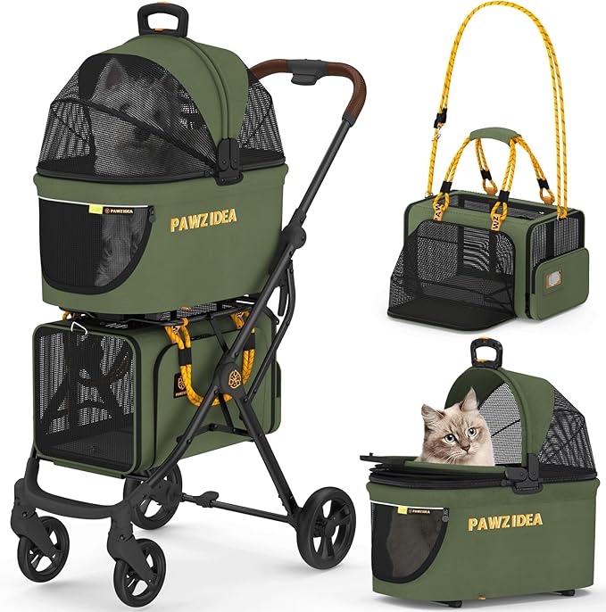 PAWZIDEA Double Pet Stroller with 2 Detachable Carriers, Portable Dog Crate for Car Travel &amp; TSA-Approved Expandable Cat Carrier, Foldable Lightweight Jogger Stroller for 2–4 Cats or Small/Medium Dogs