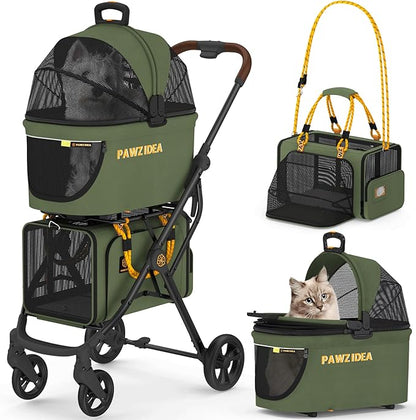 PAWZIDEA Double Pet Stroller with 2 Detachable Carriers, Portable Dog Crate for Car Travel &amp; TSA-Approved Expandable Cat Carrier, Foldable Lightweight Jogger Stroller for 2–4 Cats or Small/Medium Dogs