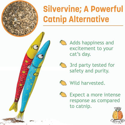 Silvervine Sardine 2-Pack Organic Catnip Substitute Toys for Cats &amp; Kittens | 100% All-Natural Wild Harvested | 2 Refillable Sardine Kicker Cat Toys