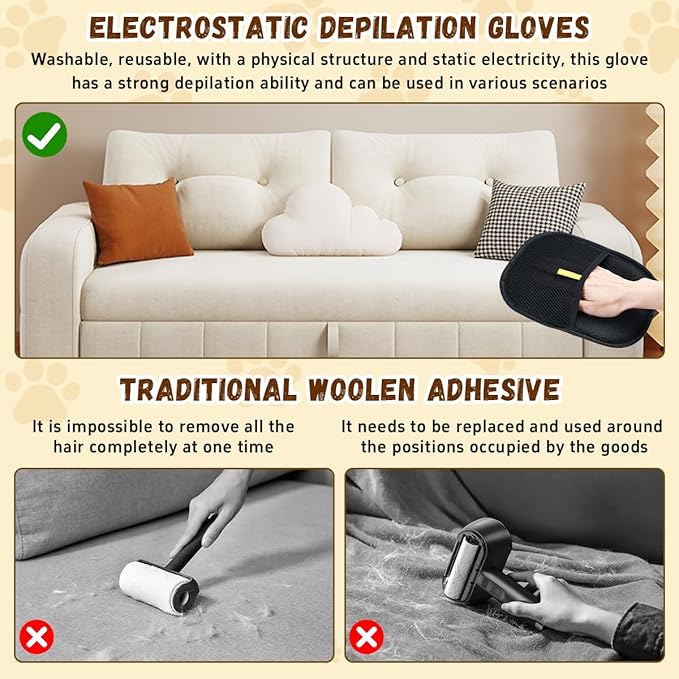 Pet Hair Removal Glove for Cats &amp; Dogs, Electrostatic Pet Hair Removal Gloves, Reusable Hair Remover, Upgrade Efficient Grooming Gloves for Pet Hair for Clothing/Couch/Furniture/Carpet/Car Seat(2pcs)