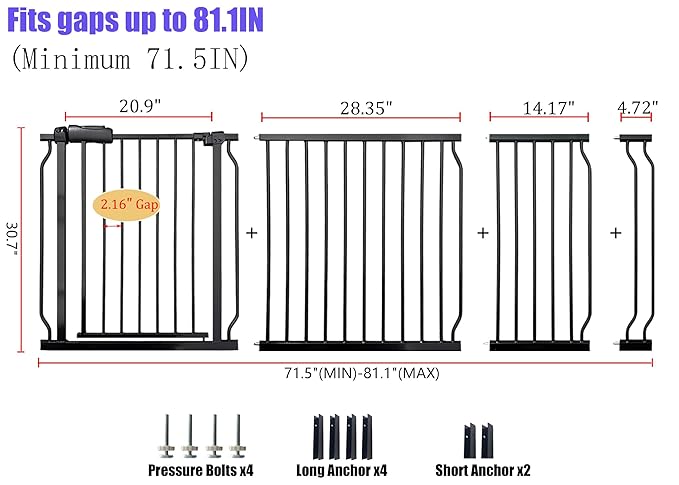 Extra Wide 76.4-81 Inch Large Baby Gates for Stairs, Doorways - No Drilling, Pressure Mounted Pet Gates for Kids &amp; Dogs