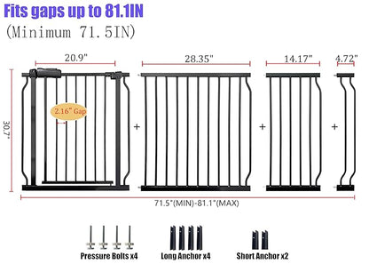 Extra Wide 76.4-81 Inch Large Baby Gates for Stairs, Doorways - No Drilling, Pressure Mounted Pet Gates for Kids &amp; Dogs