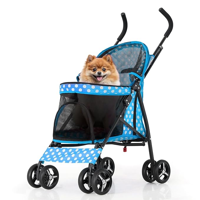 MoNiBloom 4 Wheels Pet Stroller, Easy-Fold Umbrella Shaped Dog Cat Jogger Stroller w/Storage Bag &amp; Visible Mesh for Small/Medium Dogs Cats Sky Blue Polka Dots