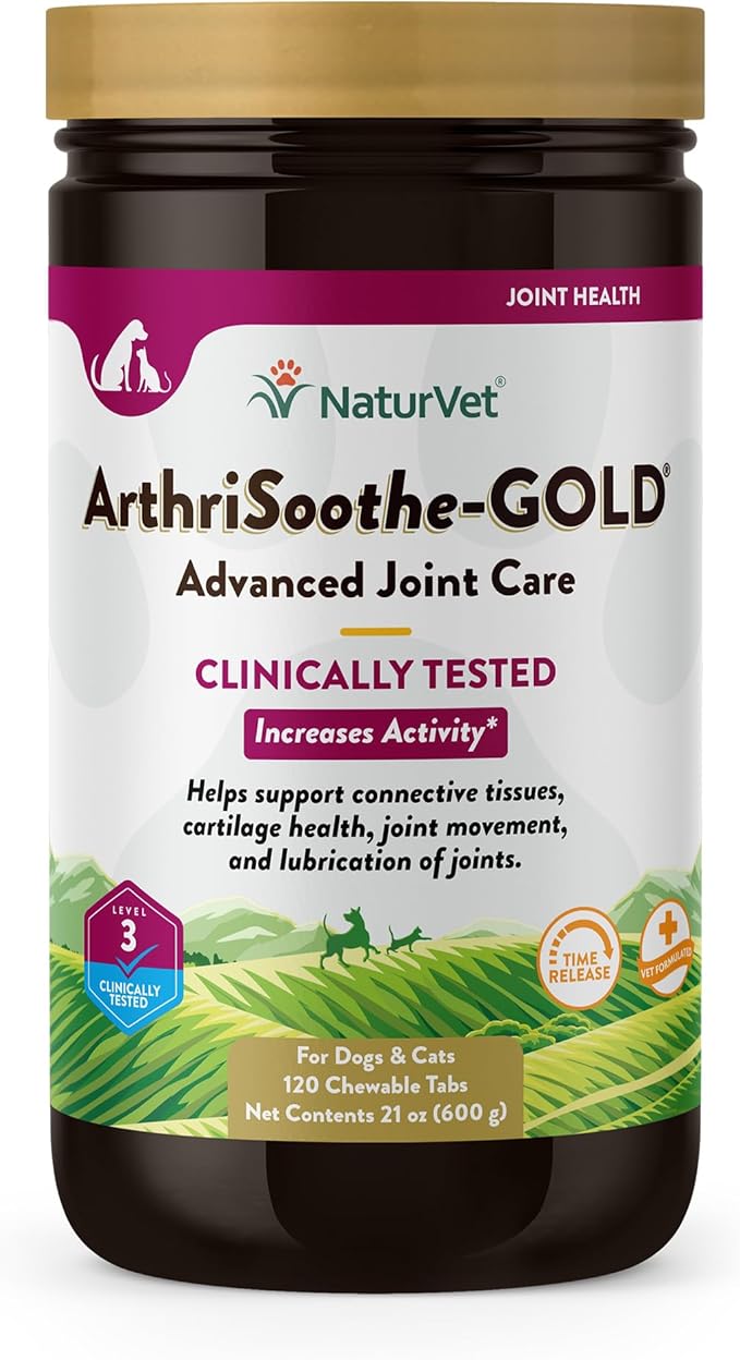 NaturVet – ArthriSoothe-GOLD – Level 3 Advanced Joint Care | Clinically Tested to Support Connective Tissue, Cartilage Health &amp; Joint Movement | Enhanced with Glucosamine, MSM, Chondroitin &amp; Green Lipped Mussel | For Dogs &amp; Cats | 120 Chewable Tablets