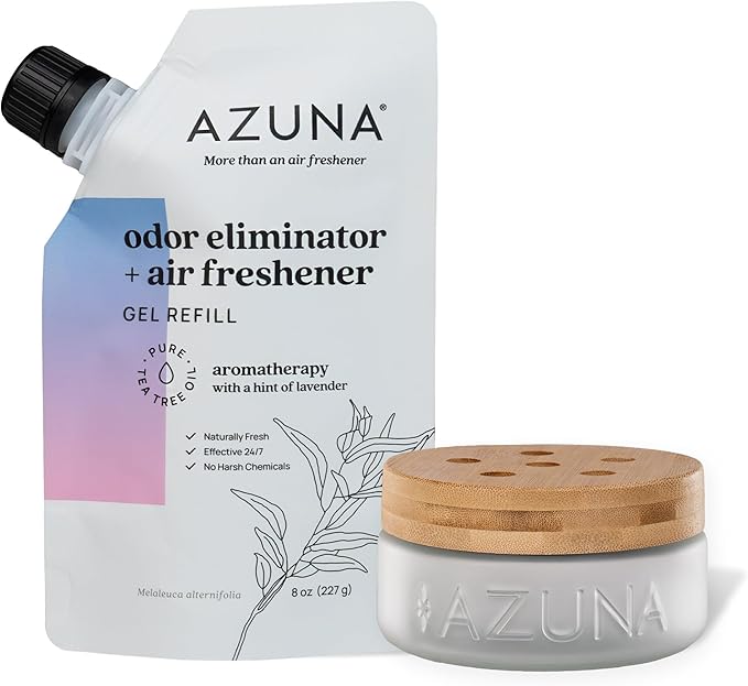 Azuna Air Freshener &amp; Odor Eliminator for Strong Odor | 1 Room Kit Includes (1) Empty Luxe Glass Jar &amp; 8oz Refill with Tea Tree Essential Oil Gel | Aromatherapy | Last 60-90 Days