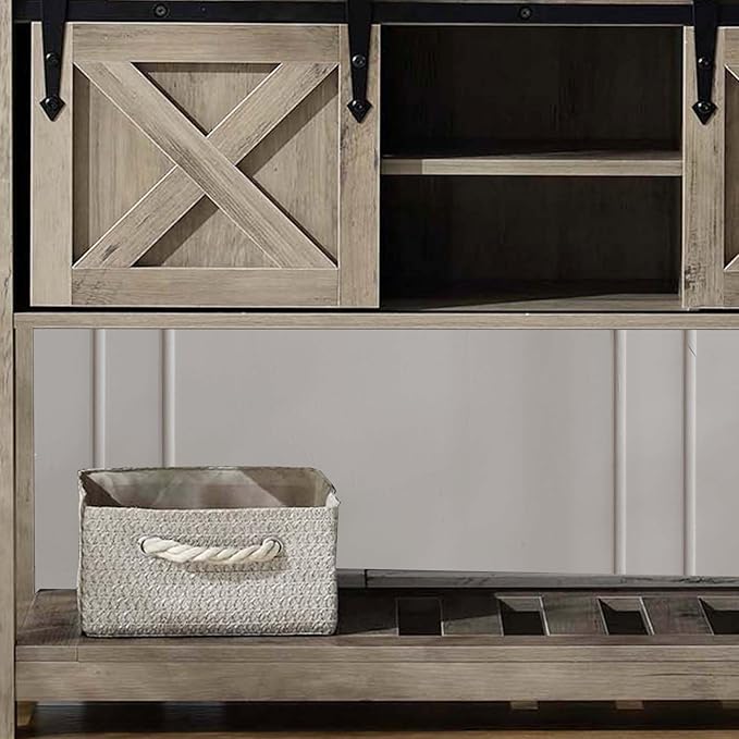 Entryway Table with Storage, Farmhouse Buffet Cabinet Coffee Bar Kitchen Island with Sliding Barn Doors &amp; Shelves, Console Table for Kitchen, Dining Room, Living Room, Grey