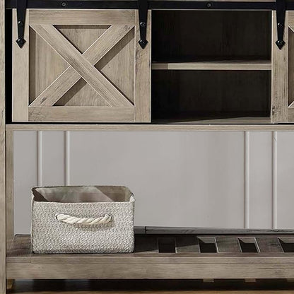 Entryway Table with Storage, Farmhouse Buffet Cabinet Coffee Bar Kitchen Island with Sliding Barn Doors &amp; Shelves, Console Table for Kitchen, Dining Room, Living Room, Grey