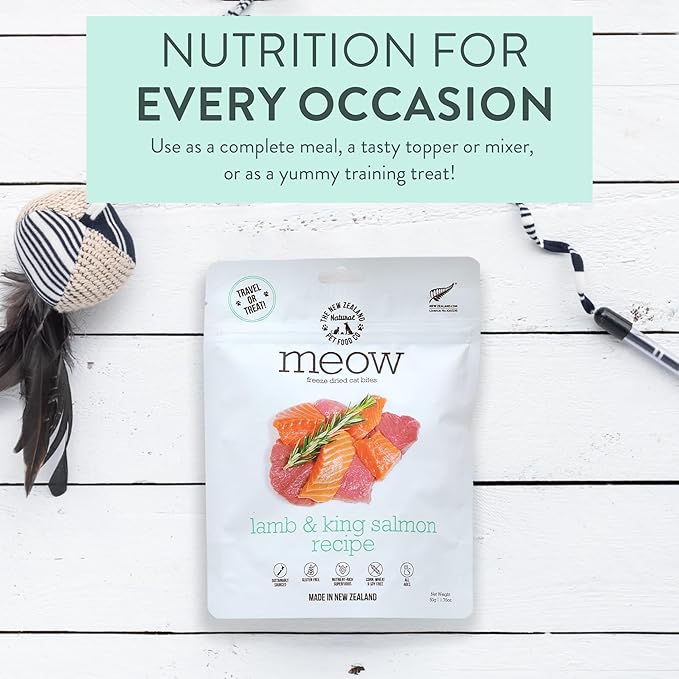Meow Lamb &amp; King Salmon Freeze Dried Raw Cat Food, Mixer, or Topper, or Treat - High Protein, Natural, Limited Ingredient Recipe 1.76 oz