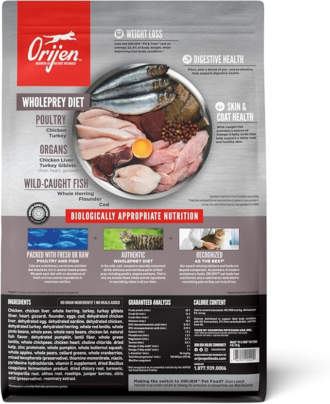 ORIJEN Fit &amp; Trim Grain Free High Protein Premium Dry Cat Food 4lb Bag