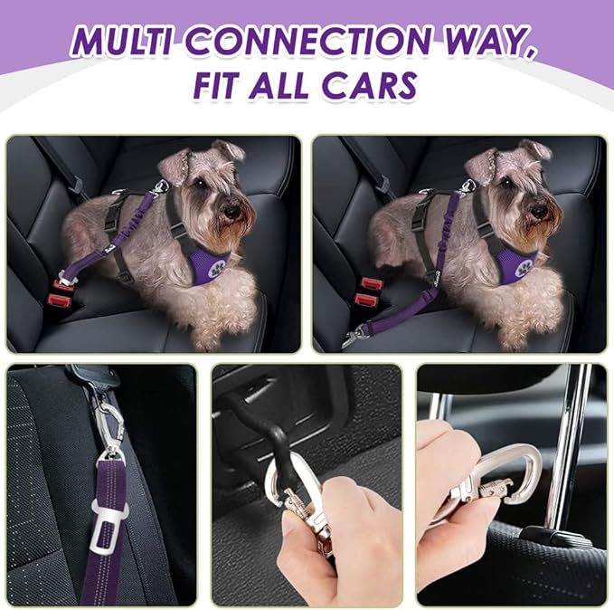Lukovee Dog Seat Belt for Car, Adjustable Dog Car Harness for Large Medium Small Dogs, Soft Padded &amp; Breathable Mesh Dog Seatbelt with Car Strap and Carabiner(Purple Double Clip,XX-Small)