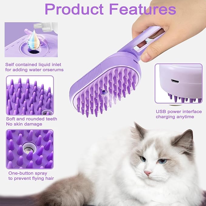 Cat Steam Brush for Shedding, 2025 New 4 in 1 Rechargeable Steam Pet Brushes for Cats &amp; Dogs, Indoor Anti-static Pets Brush for Massage, Cleaning, Shedding &amp; Combing Hair (Purple)