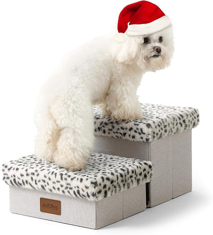 Dog Stair for Small Dogs with Storage, Foldable Pet Stairs for Medium or Puppy Dogs and Older Cats, Dog Steps for Bed or Couch with Soft Cover, 19.7x13x9.6 inch, 2 Tiers, Leopard