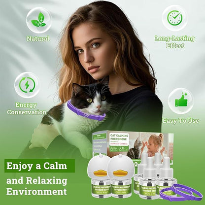 2 Diffusers&amp; 6 Refills +2pcs Calming Collar Cat Calming Diffuser, Plug in Diffuser Cat Pheromone Calming Diffuser Starter Kit Helps Ruduce Anxious, Anti-Stress &amp; Comforts Cats