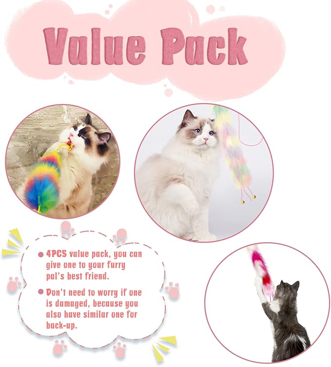 4 Pack Cat Wand Toy, Rainbow Cat Feather Toys with Bells, Teaser Wand with Soft Furry Tail, Interactive Toys for Indoor Cats &amp; Kitten &amp; Kitty