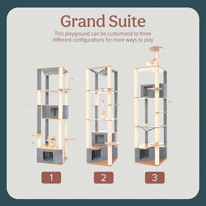Ascentials - Grand Suite Cat Scratcher Playground - Tall Cat Tower Playground Structure, Sisal Scratching Areas, Grey Felt, Bamboo Veneer w/Linen &amp; Velvet Surface Areas