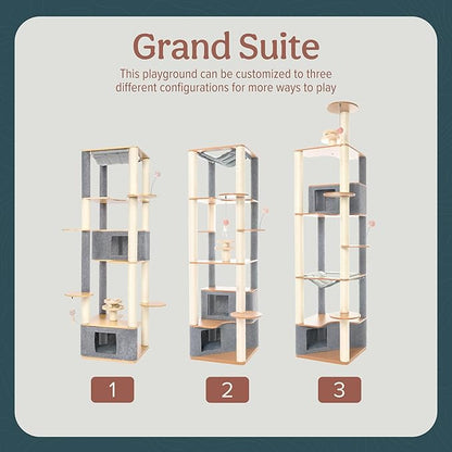 Ascentials - Grand Suite Cat Scratcher Playground - Tall Cat Tower Playground Structure, Sisal Scratching Areas, Grey Felt, Bamboo Veneer w/Linen &amp; Velvet Surface Areas