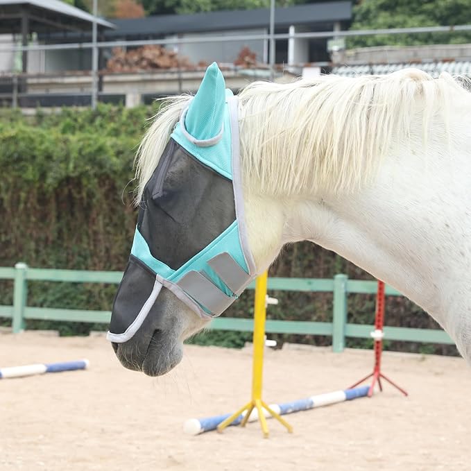 Horse Fly Mask with Ears &amp; Long Nose Cover | Forelock Opening for Tangle-Free Mane Care | UV Protection &amp; Breathable Mesh | No Rub Fit and Enhanced Visbility for Trail Riding Turquoise Full