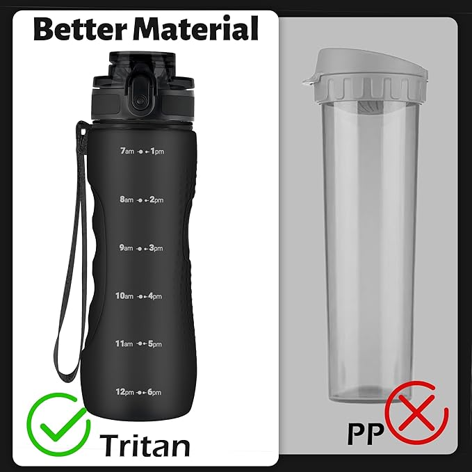 OLDLEY 25 oz Water Bottle, Motivational Water Bottle with Time Marker, Sports Water Bottle With Strap, Leakproof &amp; BPA Free Large Water Bottles for School, Gym, Travel, Outdoor, Tritan,Black