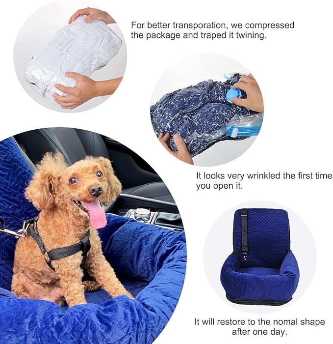 Dog Car Seat for Small Medium Dogs Up to 40lbs, Detachable Washable Soft Pet Booster Travel Bed for Front &amp; Blue Seat with Safety Leash Belt