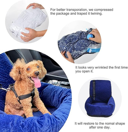 Dog Car Seat for Small Medium Dogs Up to 40lbs, Detachable Washable Soft Pet Booster Travel Bed for Front &amp; Blue Seat with Safety Leash Belt