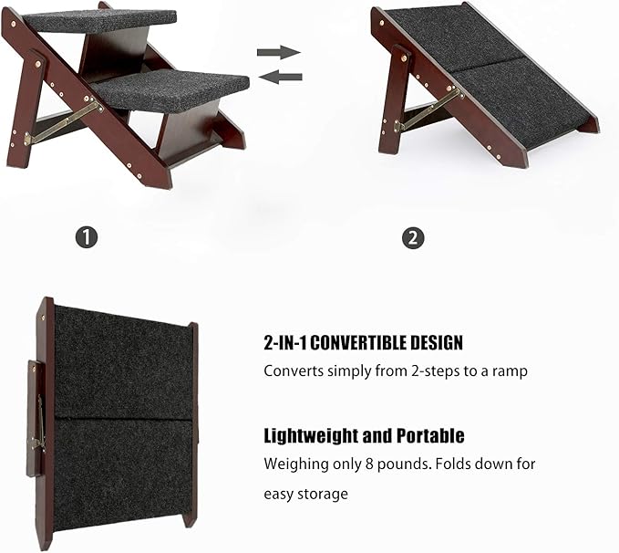 MEWANG Wooden Pet Stairs/Pet Steps - 2-in-1 Foldable Stairs &amp; Ramp for Beds and Cars - Portable Dog/Cat Ladder Up to 110 Pounds