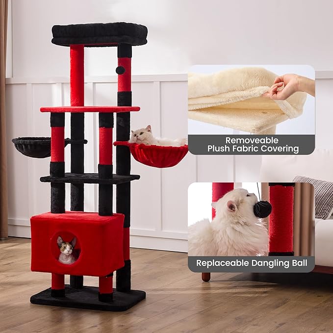 Gardner Pet 65in Heavy Duty Cat Tree Tower for Large Cats, Multi-Level Cat Furniture with Replaceable Sisal Scratching Post, Hammock | Extra-Large Platform &amp; Condo (Black Red, Basic φ:2.84")