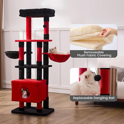Gardner Pet 65in Heavy Duty Cat Tree Tower for Large Cats, Multi-Level Cat Furniture with Replaceable Sisal Scratching Post, Hammock | Extra-Large Platform &amp; Condo (Black Red, Basic φ:2.84")