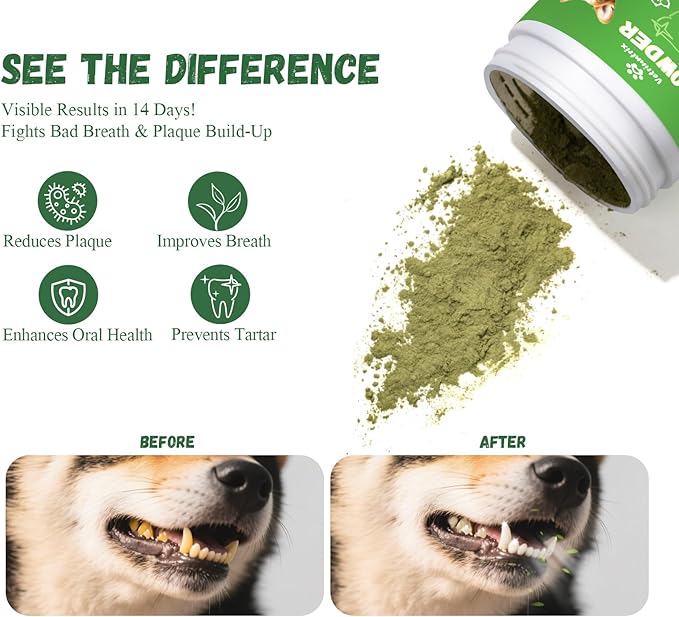 Dog Dental Care Powder - Plaque &amp; Tartar Control with Natural Enzymes, Teeth Cleaning Powder for Dogs with Probiotic, Bad Breath Treatment for Small Medium Large Dogs