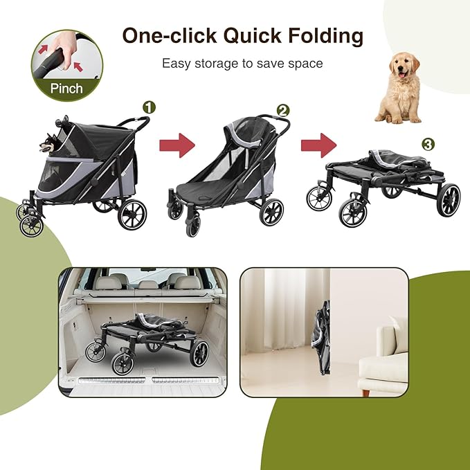Dog Stroller for Medium/Large Dogs One-Click Folding, Extra Large Pet Stroller for 2 Dogs with Storage Pocket &amp; Shock Absorption, Up to 130 lbs, Grey