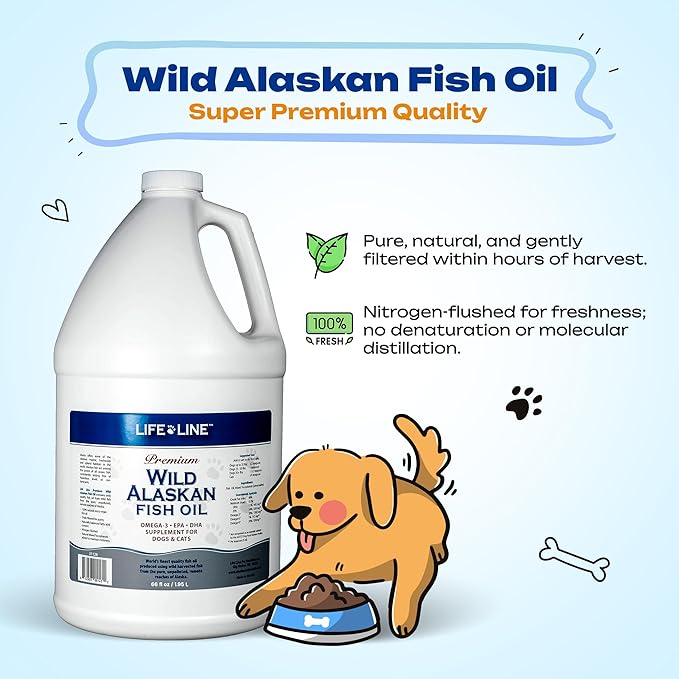 Life Line Pet Nutrition Wild Alaskan Fish Oil for Dogs and Cats 66oz – Omega 3 Fish Oil Supplement for Skin &amp; Coat – Supports Brain, Eye &amp; Heart Health in Dogs &amp; Cats
