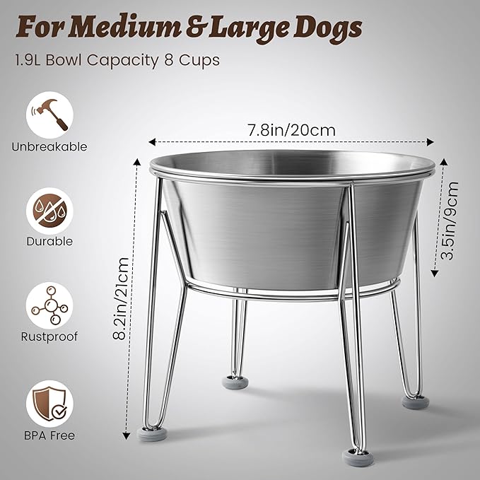 Elevated Dog Bowls for Large &amp; Medium Dogs - Stainless Steel 64oz/8 Cup Raised Feeder with Non-Slip Base, Dual Food &amp; Water Bowls 2-Pack