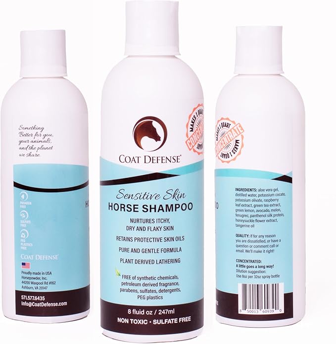 COAT DEFENSE Sensitive Skin Shampoo for Horses | All-Natural &amp; Made in USA | Hypoallergenic Aloe Based - Soothes and Relieves Itchy, Dry and Inflamed Skin | Safe for Everyone | 8oz. Concentrated