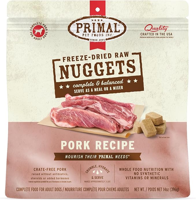 Primal Freeze Dried Raw Dog Food Nuggets, Pork, Complete &amp; Balanced Meal, Also Use as Topper or Treat, Premium, Healthy, Grain Free, High Protein Raw Dog Food, 14 oz
