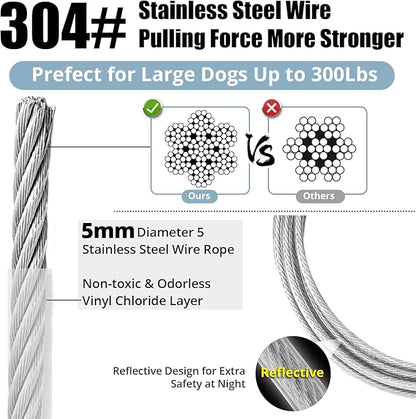 jenico Dog Tie Out Cable, 10/15/20/30/40/50/70/100/150FT Dog Runner Cable with Swivel Hook and Shock Spring, Dog Leash Run Tether for Yard Outdoor and Camping,for Small to Medium Pets Up to 500 LBS