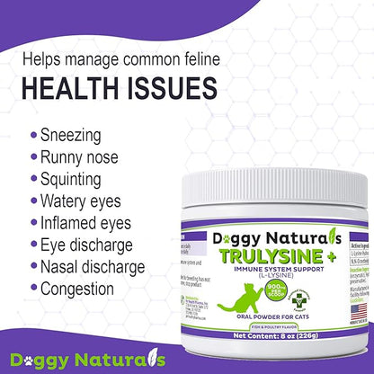 Trulysine Plus L-Lysine for Cats Immune Support Oral Powder 8oz/226g - Cats &amp; Kittens of All Age, Sneezing, Runny Nose Squinting, Watery Eyes-Fish &amp; Poultry Flavor (U.S.A)(225 Grams (900mg / Scoop))