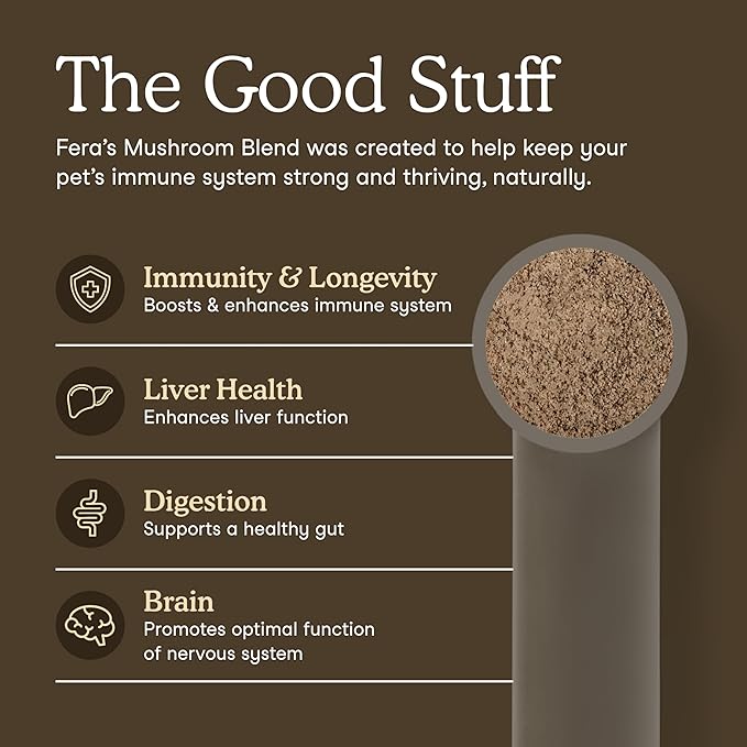 Fera Pets Mushroom Supplement for Dogs &amp; Cats with Turkey Tail - USDA Organic - Cognitive and Immune Support - Enhances Liver Function - Supports a Healthy Gut - Powder - 120 Scoops