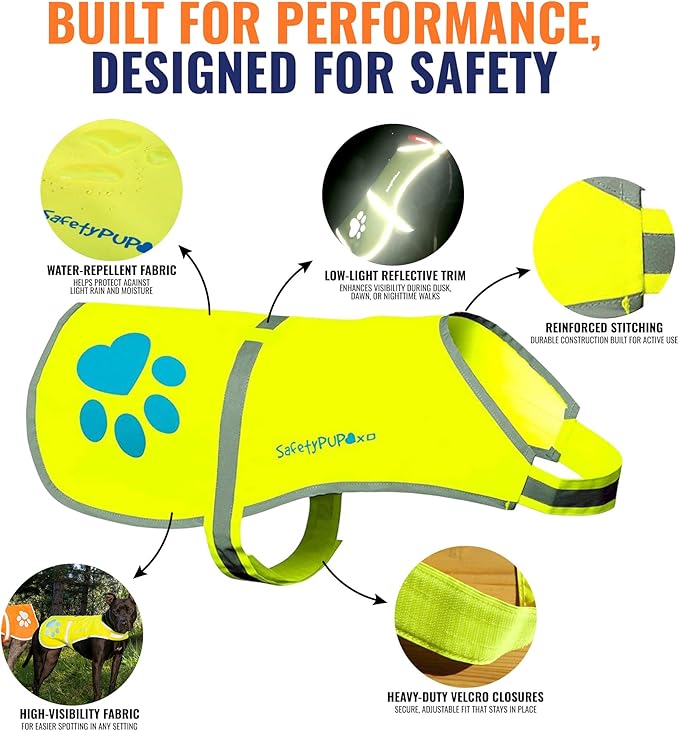 Dog Reflective Vest – Hi-Vis Fluorescent Visibility That Helps to Safeguard Your Pet On/Off Leash in Urban &amp; Rural Areas (Yellow, Large)