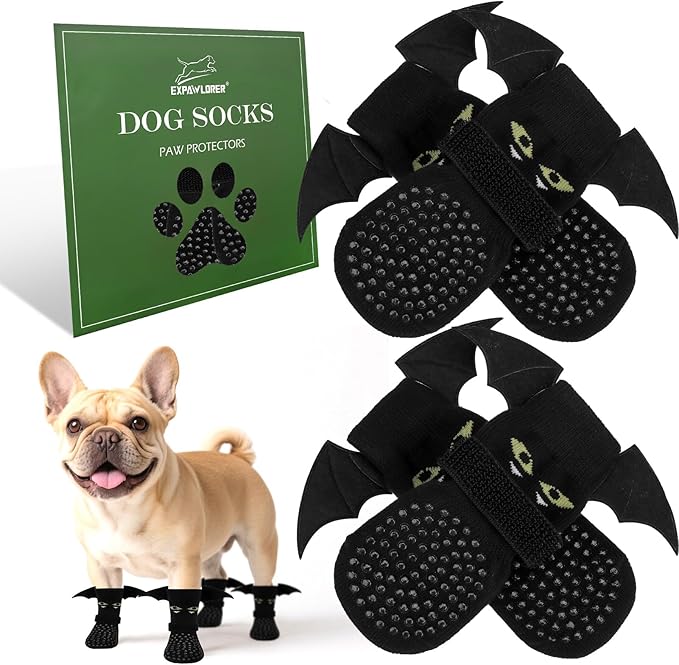 EXPAWLORER Halloween Anti Slip Dog Socks to Prevent Licking Paws, Boots &amp; Paw Protectors with Grippers,Doggie Booties for Hardwood Floors for Small Medium Large Senior Dogs Costume Black Devil Wings M
