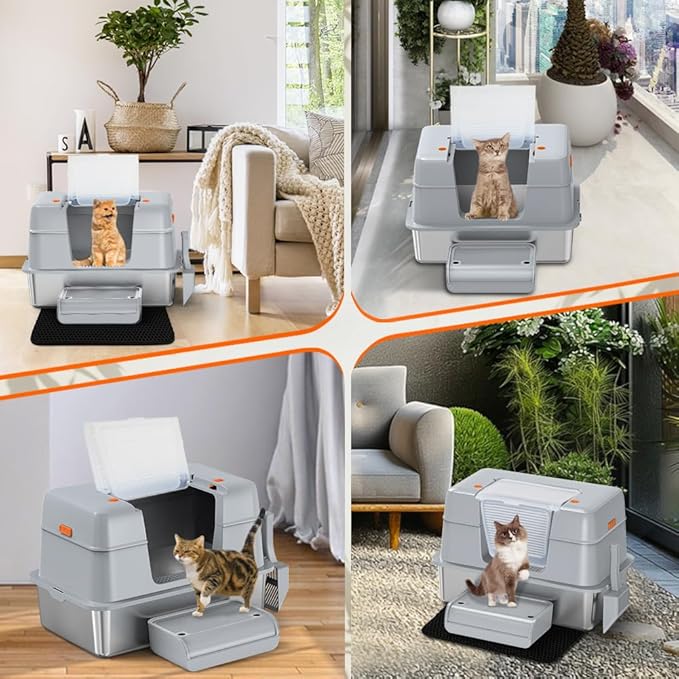 Vivifying Stainless Steel Litter Box with Lid, XL Side Entry Extra Large Litter Box for Big Cats &amp; Kitty, Removable Enclosed Metal Cat Pan with High Sided Enclosure, Scoop, Mat, Footboard (Gray)