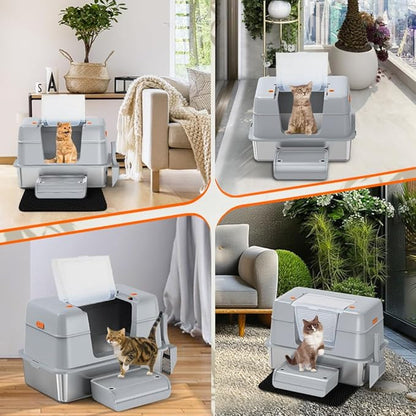 Vivifying Stainless Steel Litter Box with Lid, XL Side Entry Extra Large Litter Box for Big Cats &amp; Kitty, Removable Enclosed Metal Cat Pan with High Sided Enclosure, Scoop, Mat, Footboard (Gray)