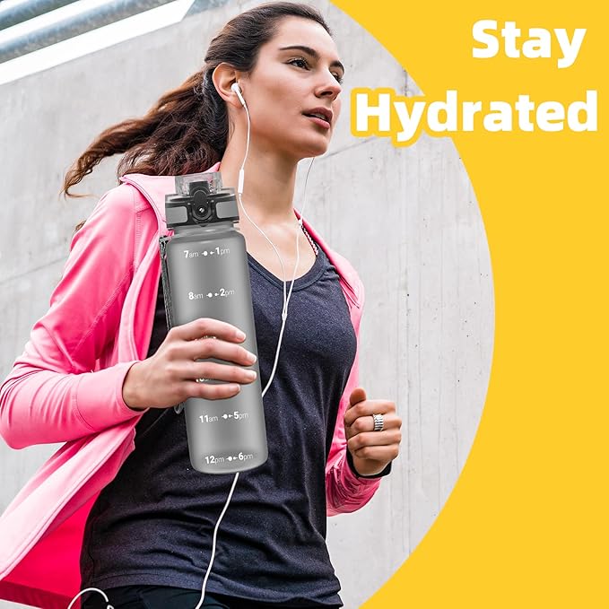 OLDLEY 32 oz Water Bottle, Motivational Water Bottle with Time Marker, Sports Water Bottle With Strap, Leakproof &amp; BPA Free Large Water Bottles for School, Gym, Travel, Outdoor, Tritan,Gray