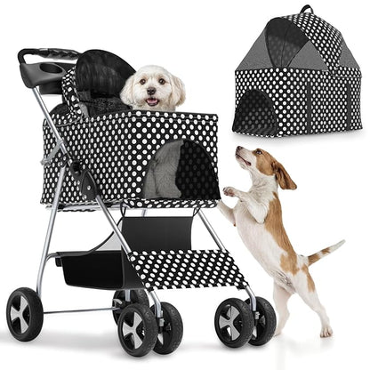 Magshion Foldable Pet Stroller, 3-in-1 Dog Travel Jogger with Detachable Carrier, Cup Holder, Storage Basket, Folding Carrier for Small/Medium Dogs &amp; Cats Up to 33 lbs, Black Polka Dots