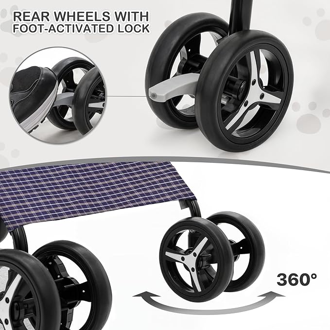 MoNiBloom 4 Wheels Pet Stroller, Easy-Fold Umbrella Shaped Dog Cat Jogger Stroller w/Storage Bag &amp; Visible Mesh for Small/Medium Dogs Cats Plaid