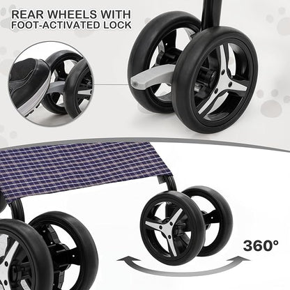 MoNiBloom 4 Wheels Pet Stroller, Easy-Fold Umbrella Shaped Dog Cat Jogger Stroller w/Storage Bag &amp; Visible Mesh for Small/Medium Dogs Cats Plaid