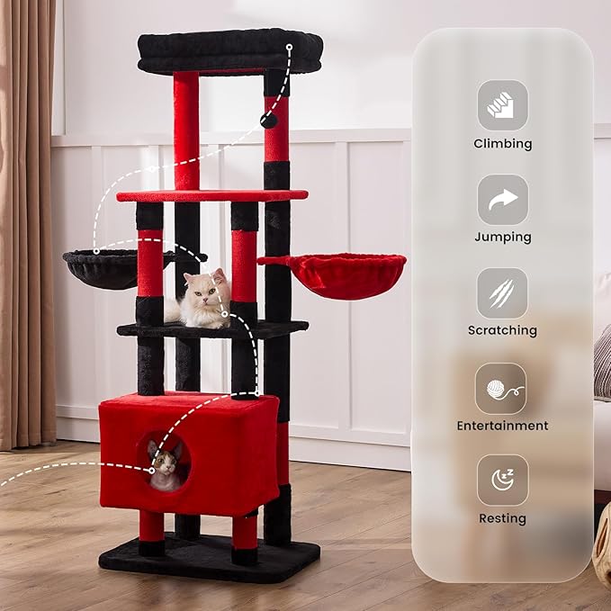 Gardner Pet 65in Heavy Duty Cat Tree Tower for Large Cats, Multi-Level Cat Furniture with Replaceable Sisal Scratching Post, Hammock | Extra-Large Platform &amp; Condo (Black Red, Basic φ:2.84")